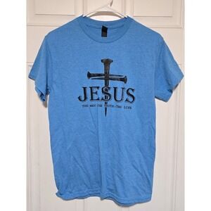 Jesus Tee Adult‎ Unisex Size Small Blue Nail Cross Way Truth Life